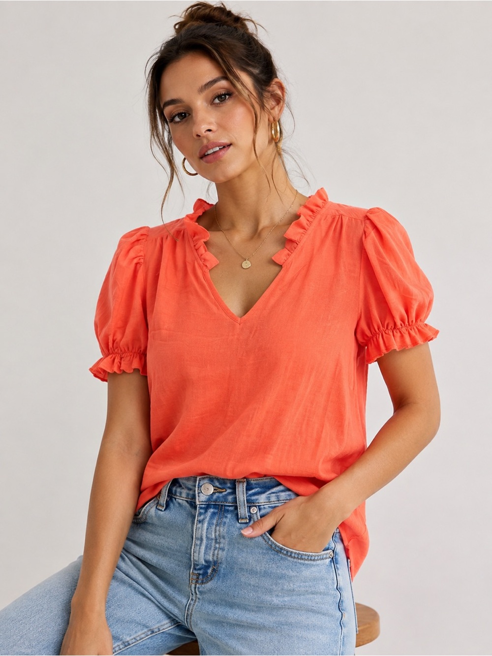 Women's Ruffle V-Neck Puff Sleeve Top - Coral
